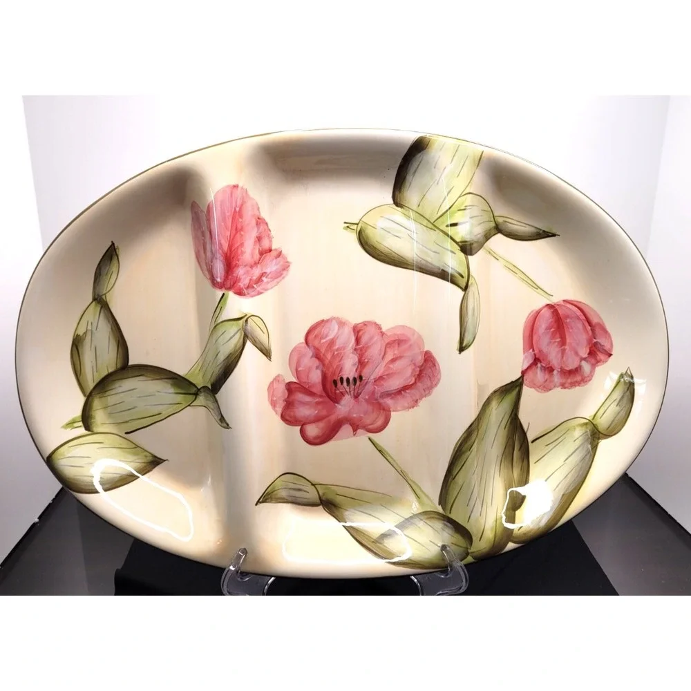 STYLE EYES By Baum Bros Divided Serving Platters Pink Tulips - Beautiful!
